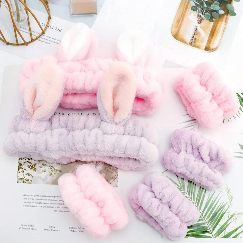 Pink Bunny Ear Spa Headband & Wristbands Set Face Washing Skincare Makeup, [New]